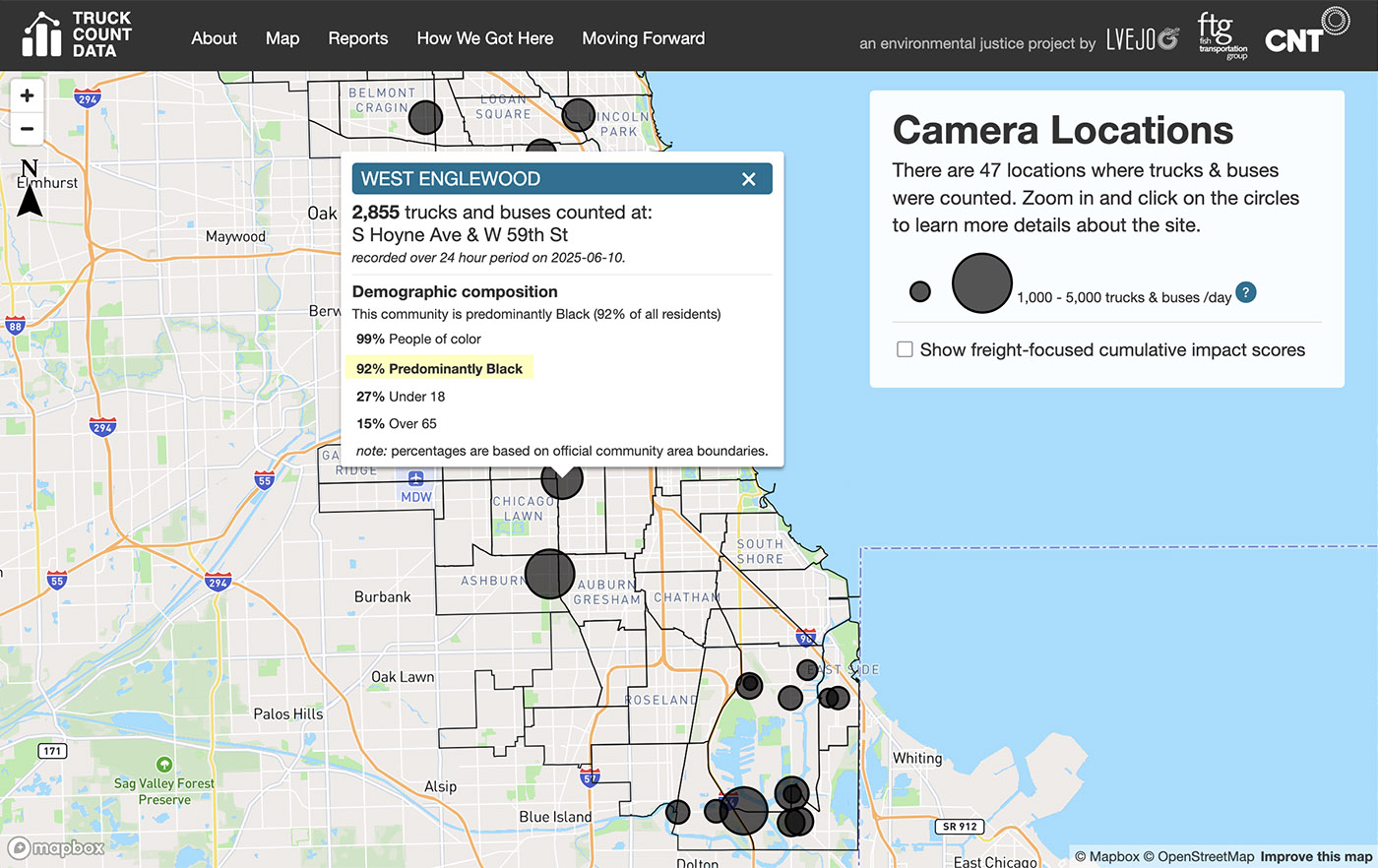 screenshot of an interactive map that shows where truck counts were conducted and visualizes the quantity of truck counts per location